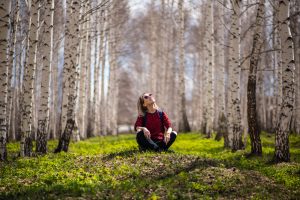 woman in a red sweater sitting in a birch tree forest