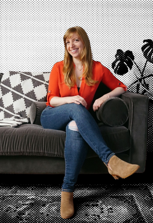 lara on couch red shirt halftone